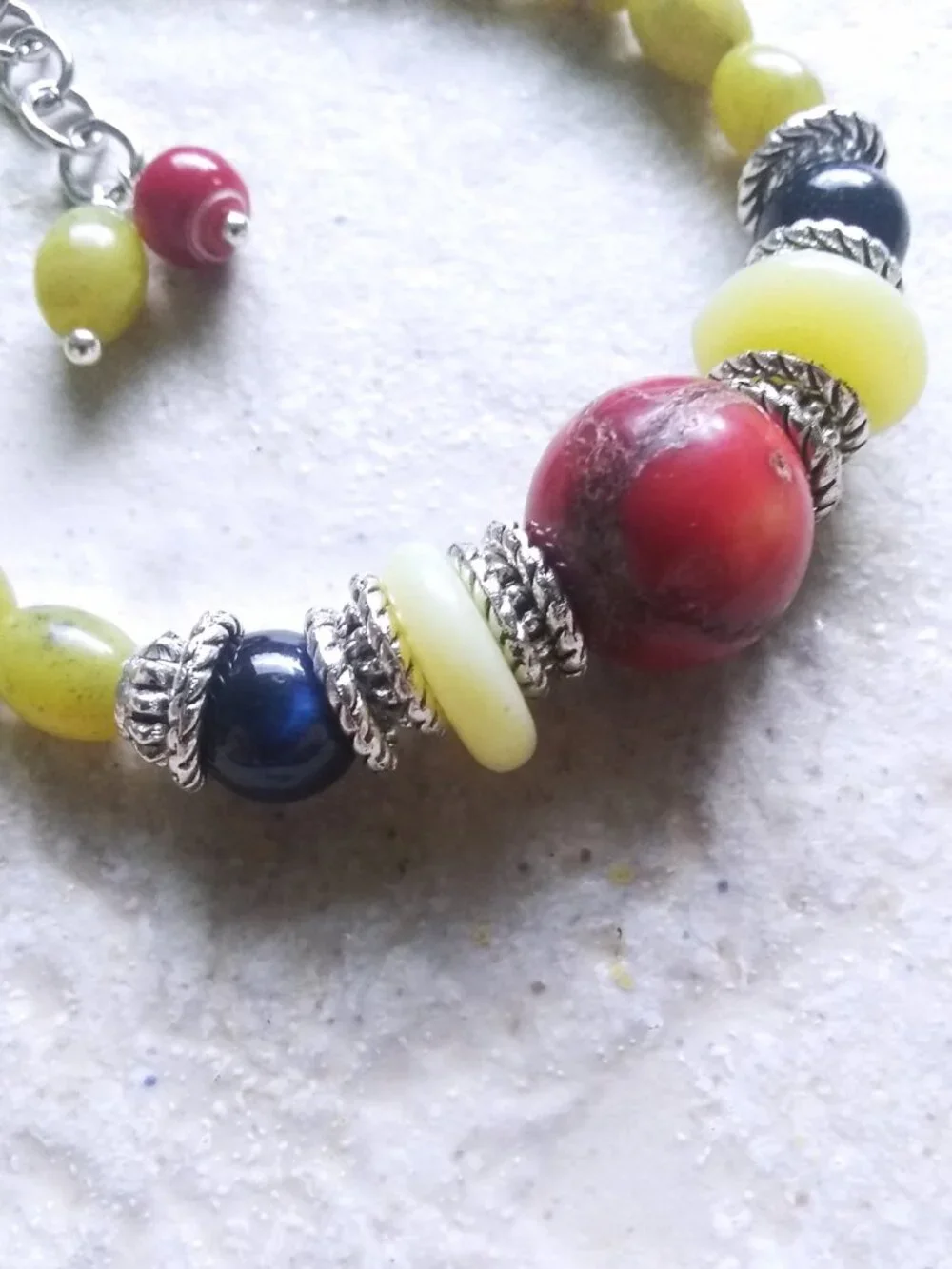 Handmade Eclectic Boho Bracelet - Semi-Precious Beads - Red Grape Green & Blue